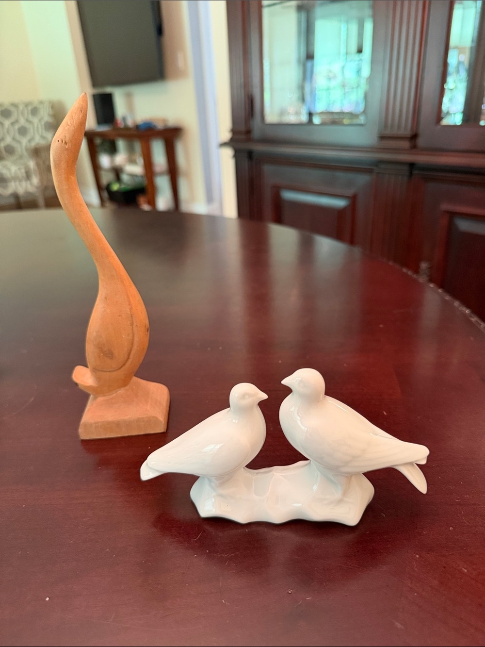 Limoges Pair of Doves Figurine & Handcarved Wooden Crane - Home Accents